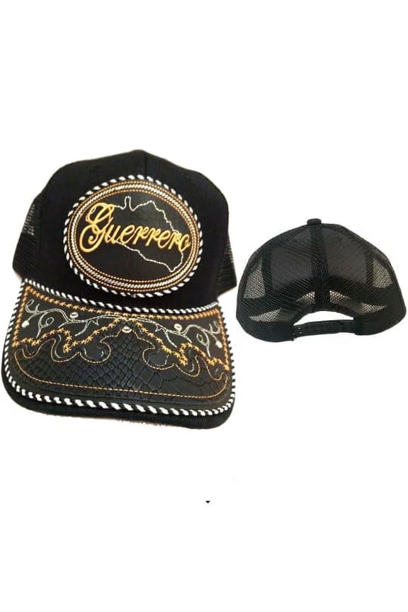 Gorra de Guerrero Hat, Adjustable Unisex, Charro Style, Polyester/Acrylic, Embroidered Snake Skin Design in Black