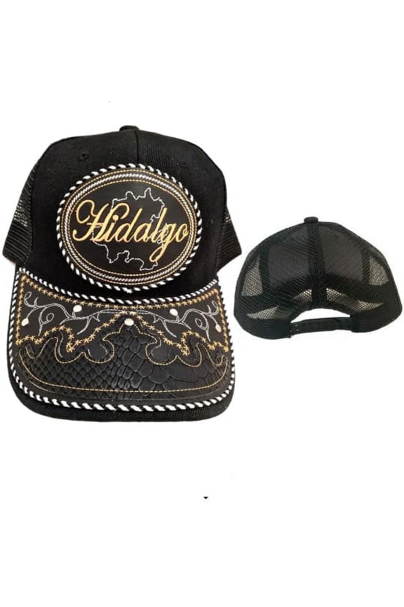 Gorra de Hidalgo Hat, Adjustable Unisex, Charro Style, Polyester/Acrylic, Embroidered Snake Skin Design in Black