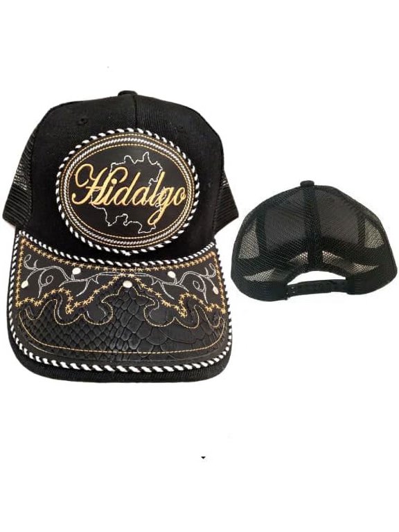 Gorra de Hidalgo Hat, Adjustable Unisex, Charro Style, Polyester/Acrylic, Embroidered Snake Skin Design in Black