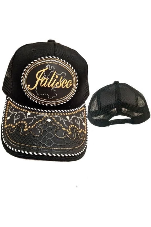 Gorra de Jalisco Hat, Adjustable Unisex, Charro Style, Polyester/Acrylic, Embroidered Snake Skin Design in Black