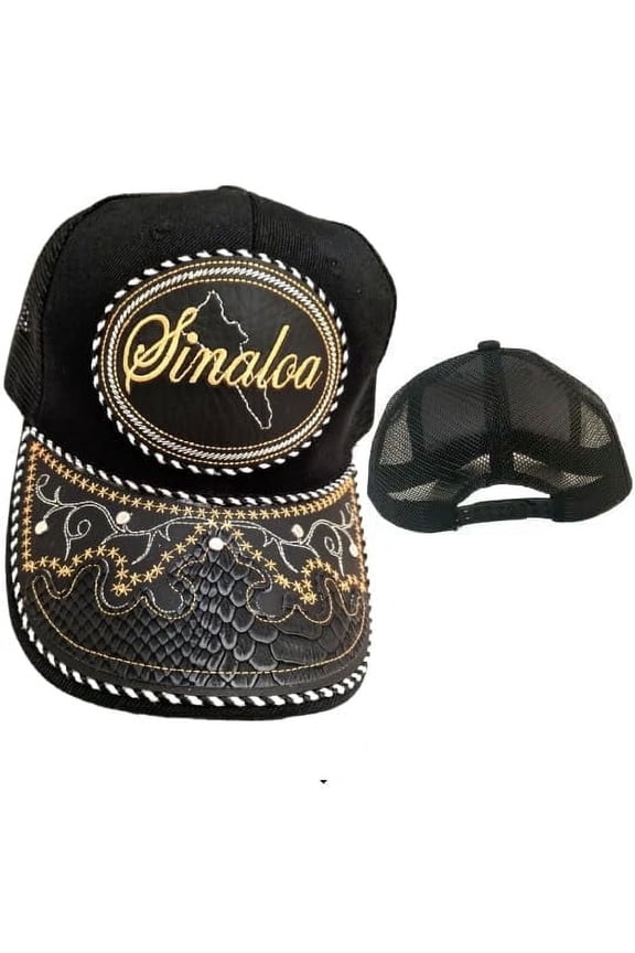 Gorra de Sinaloa Hat, Adjustable Unisex, Charro Style, Polyester/Acrylic, Embroidered Snake Skin Design in Black