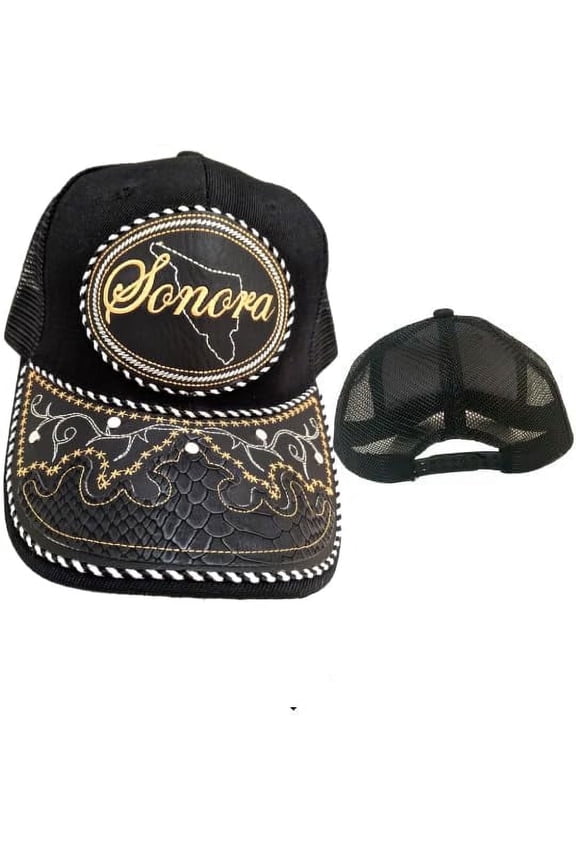 Gorra de Sonora Hat, Adjustable Unisex, Charro Style, Polyester/Acrylic, Embroidered Snake Skin Design in Black