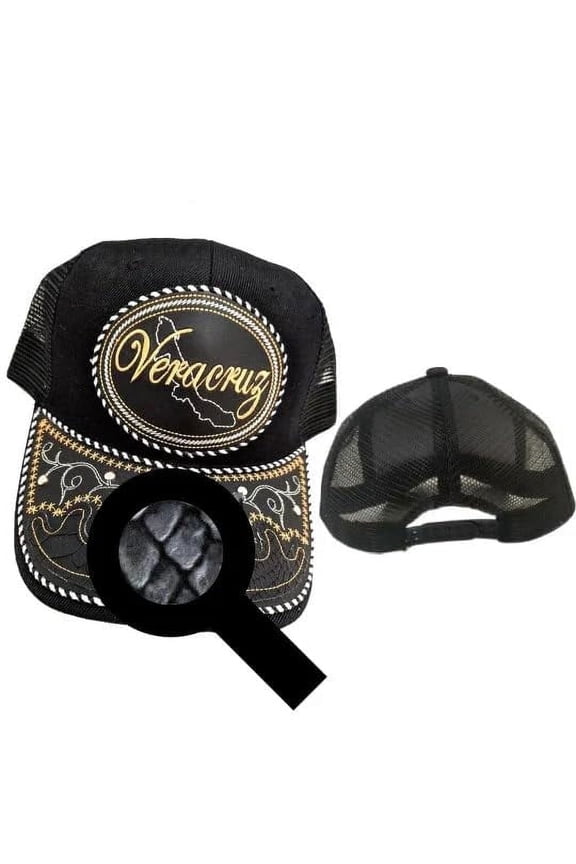 Gorra de Veracruz Hat, Adjustable Unisex, Charro Style, Polyester/Acrylic, Embroidered Snake Skin Design in Black