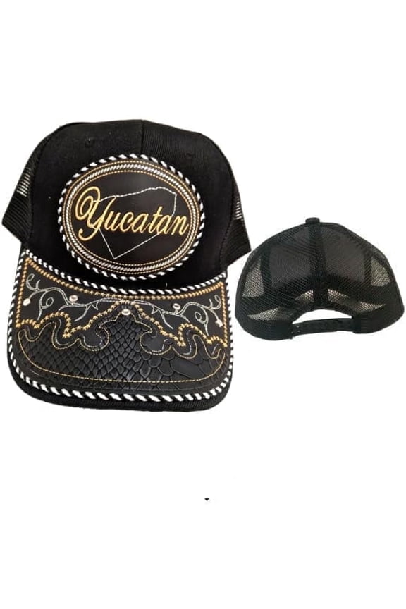 Yucatan Hat, Embroidered, Black Snake Skin Design, Adjustable, Unisex, Charro style