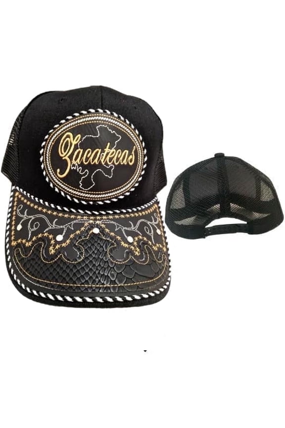 Gorra de Zacatecas Hat, Adjustable Unisex, Charro Style, Polyester/Acrylic, Embroidered Snake Skin Design in Black