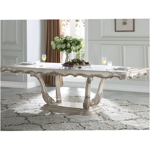 Gorsedd Golden Ivory Finish Dining Table with Extension Leaf, Pedestal Base for Formal Dining Room