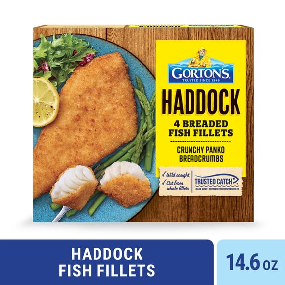 Gortons Breaded Fish Fillets Cut from Whole Fillets, Wild Caught Haddock with Crunchy Panko Breadcrumbs, Frozen, 4 Count, 14.6 Ounce Package