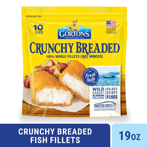 Gorton’s Crunchy Breaded Fish 100% Whole Fish Fillets (Not Minced), Wild Caught Alaskan Pollock with Crunchy Panko Breadcrumbs, Frozen, 10 Count, 19 Ounce Resealable Bag