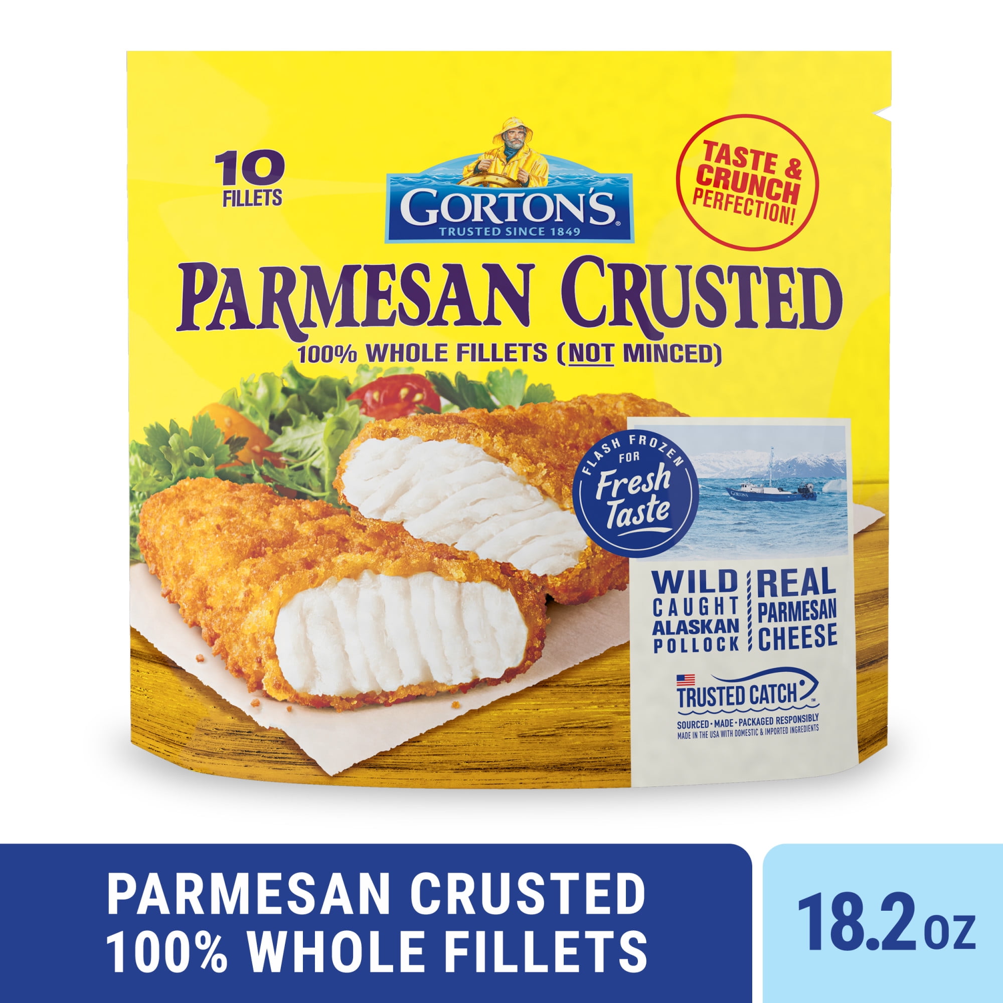 Gortons Parmesan Crusted Fish 100% Whole Fish Fillets (Not Minced), Wild Caught Alaskan Pollock, Frozen, 10 Count, 18.2 Ounce Resealable Bag