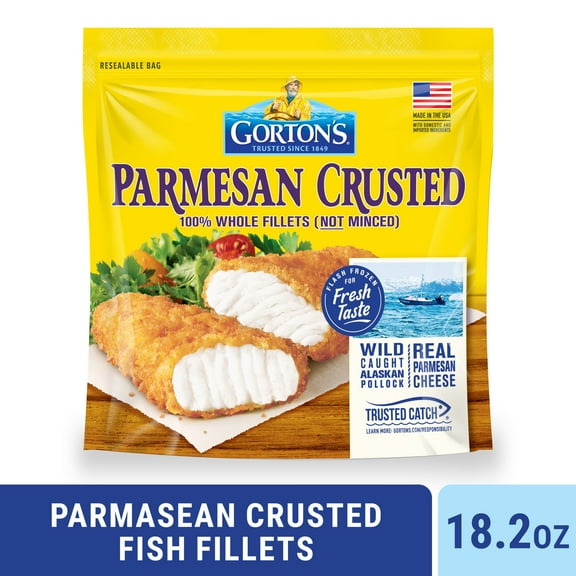 Gortons Parmesan Crusted Fish 100% Whole Fish Fillets (Not Minced), Wild Caught Alaskan Pollock, Frozen, 10 Count, 18.2 Ounce Resealable Bag