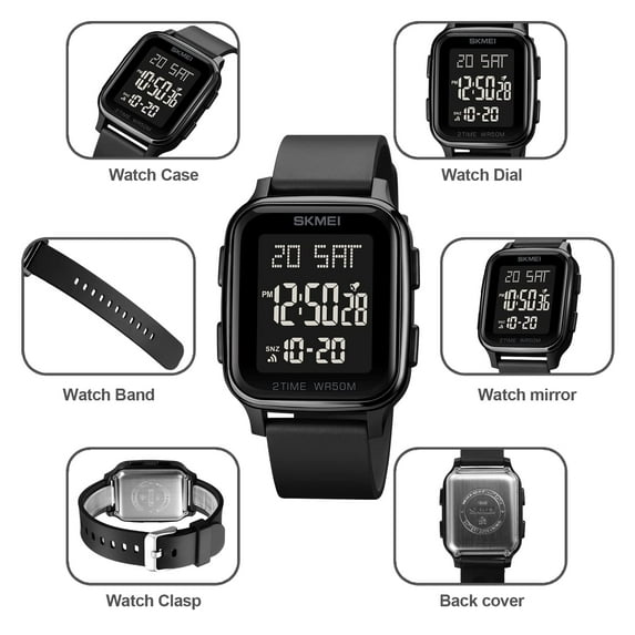 Gosasa Classic Square Face Unisex Women's Men's Digital Multifunction Outdoor Casual Smart Watch Countdown 50M Waterproof Led Light Wristwatch Blue