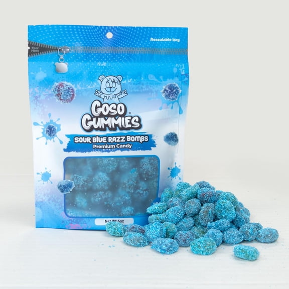 Goso Gummies Sour Blue Razz Gusher Bombs 6oz Resealable Bag Sour Blue Raspberry Filled Gusher Candy