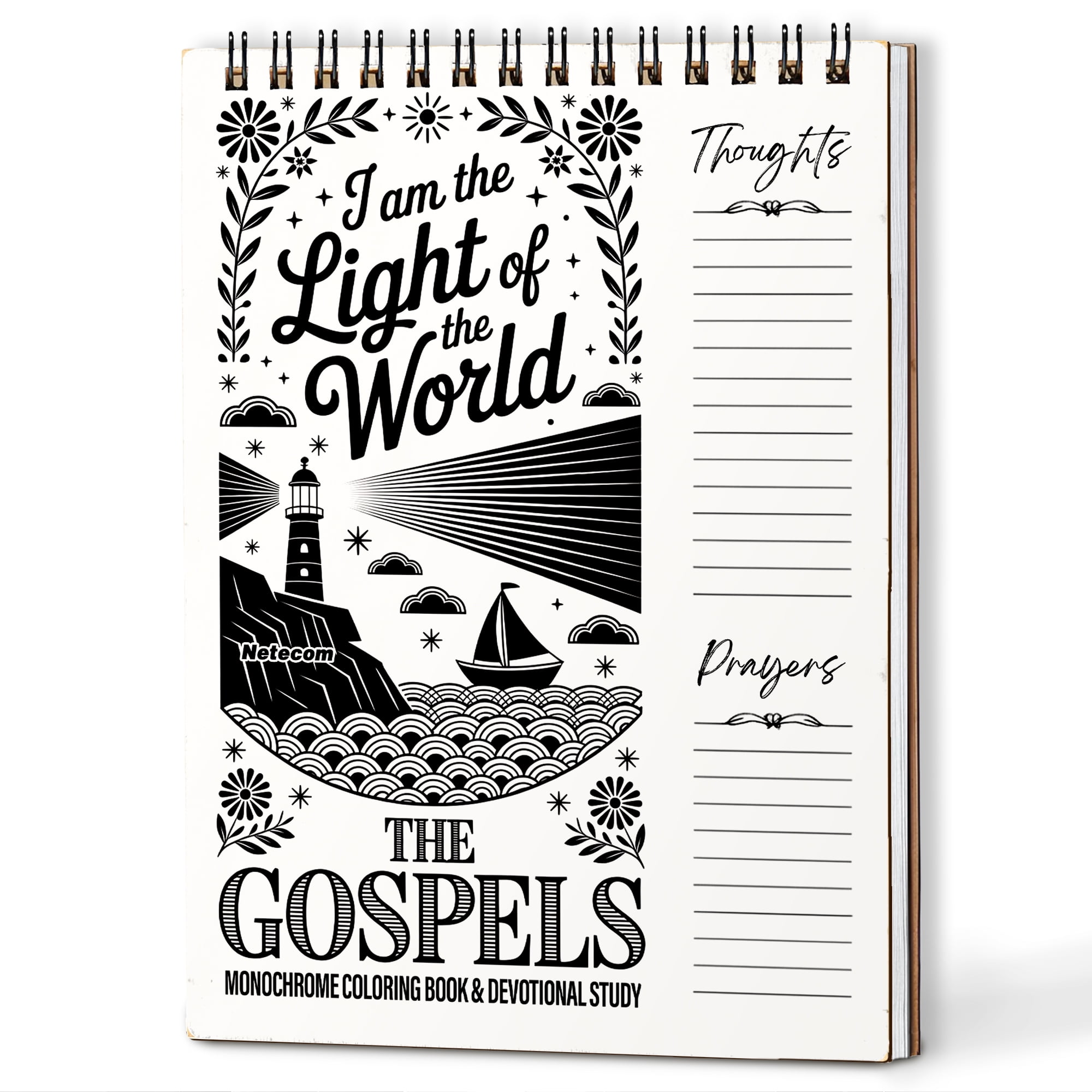 The Gospels Monochrome Coloring Book for Adults, 30 Minimalist Scripture Art Pages with Reflection & Prayer Space, Spiral Bound, A4 or A5 Softcover or Wood Cover