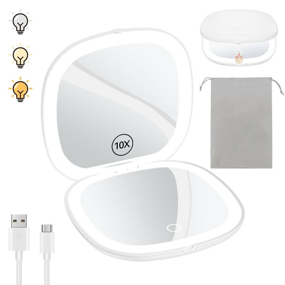 Gospire 3.9" Rechargeable Compact Mirror with 3 Light Colors and Magnification 1X / 10X, Double Light Strip Dimmable Travel Makeup Mirror LED Compact Makeup Mirror Small Purse Mirror, White