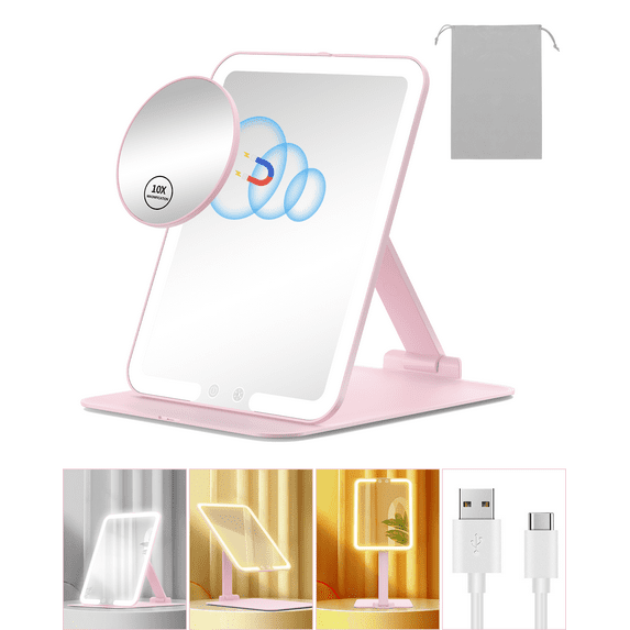Gospire Rechargeable Travel Makeup Mirror with Lights and Magnification 10X, Foldable Stand & Angle Sensor Light, 3 Light Colors & Stepless Dimming, Lighted Mirror LED Vanity Mirror - Pink