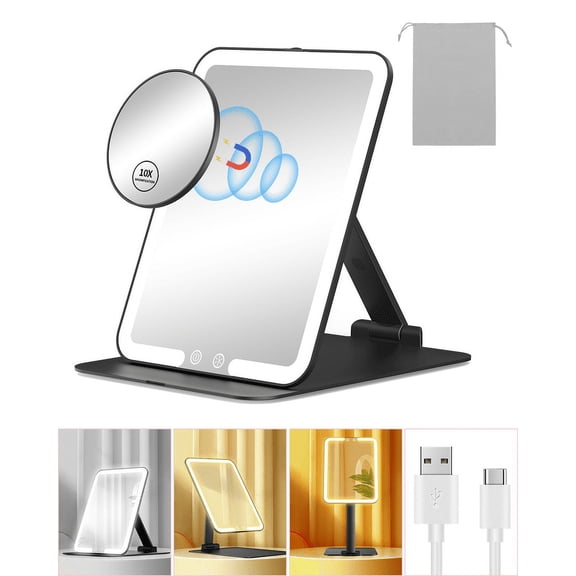 Gospire Rechargeable Travel Makeup Mirror with Lights and Magnification 10X, Foldable Stand & Angle Sensor Light, 3 Light Colors & Stepless Dimming, Lighted Mirror LED Vanity Mirror - Black