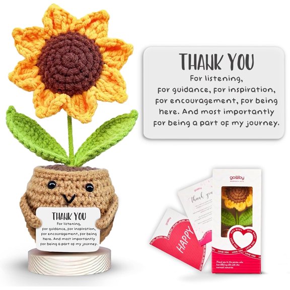 Gossby Handmade Positive Sunflower Doll Crochet with Card - Thank You for Listening - Appreciation Gift for Coworker, Friend - Mothers Day Christmas, Birthday, Thank You Gift Women, Men