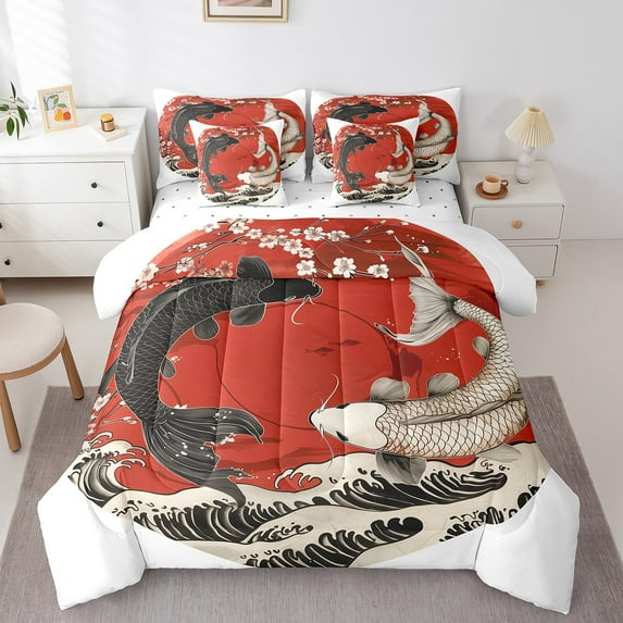 Gossip Koi Fish King Bed In A Bag 7 Piece Japanese Style Ukiyo-E Bedding Set With Sheets Floral Ocean Waves Japanese Comforter Set Adults Men Women Cherry Blossom Bed Set