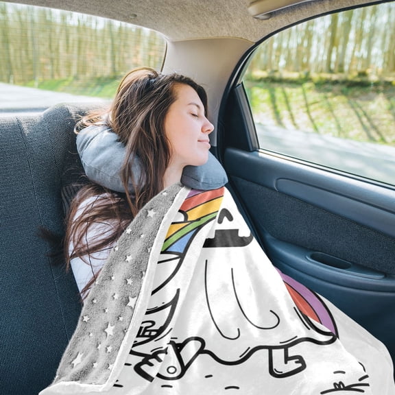 Gost Skeleton Rainbow Travel Blanket Pillow Compact Foldable Airplane Throw Blanket with Trolley Sleeve for Travel Camping