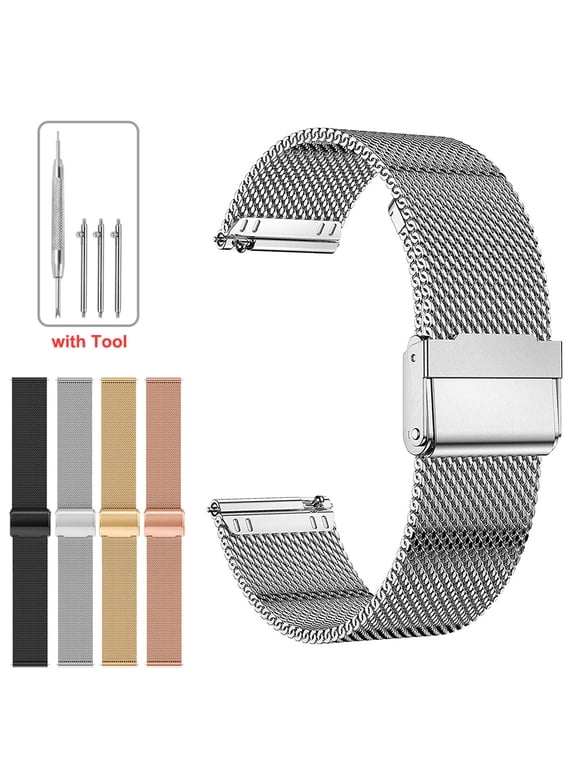 18mm 20mm 22mm Quick Release Mesh Stainless Steel Watch Band Interlock Safety Clasp Bracelet Wrist Watch Strap Replacement Bracelet Strap for Man Women