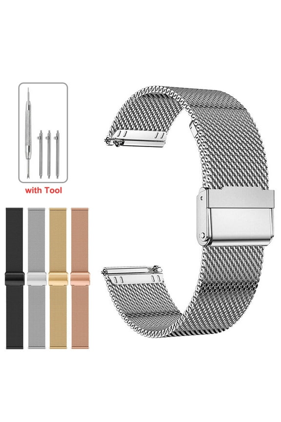 18mm 20mm 22mm Quick Release Mesh Stainless Steel Watch Band Interlock Safety Clasp Bracelet Wrist Watch Strap Replacement Bracelet Strap for Man Women