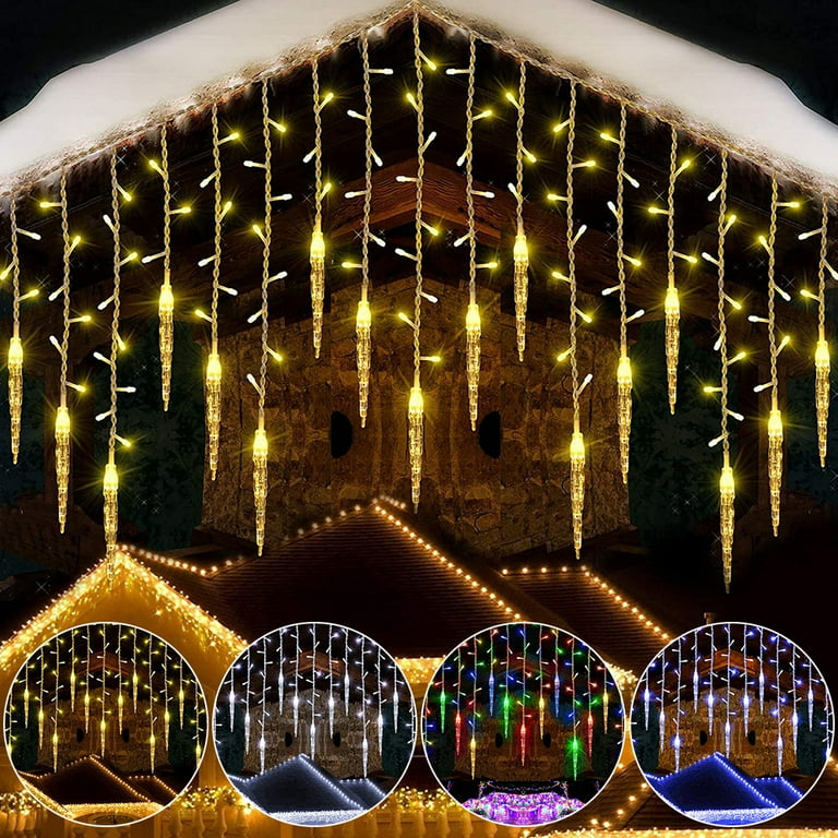 Gostoto 96 LED Outdoor Icicle Pendant String Lights Memory 8 Modes Flashing Waterproof Curtain Fairy Lights for Christmas Holiday Party Decorations