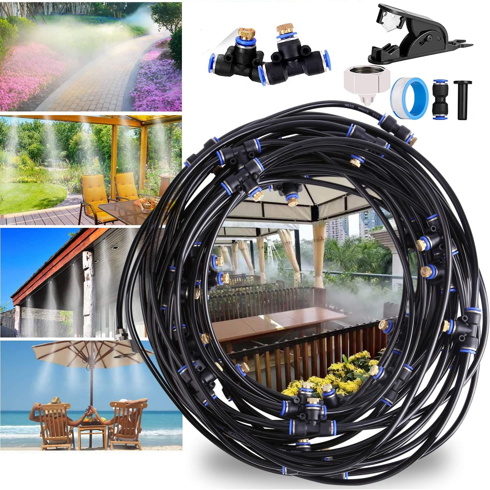CozyCabin Outdoor Misting System Kit – 40ft Line With Pump, Filter & 16 Brass Nozzles For Patio Cooling