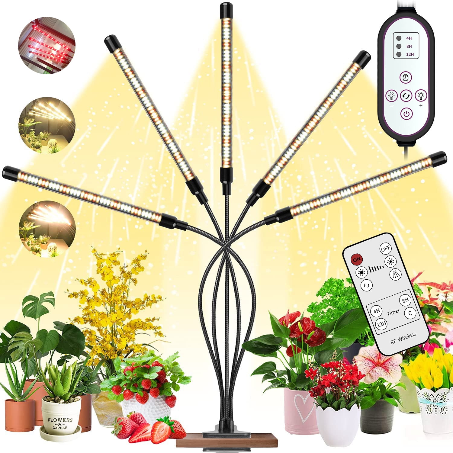Gostoto One Clip with 1/2/3/4/5 Lamp Heads Full Spectrum LED Plant Grow Lights with Timer Auto On/Off 4/8/12H 3 Switch Waterproof Grow Lamp with Modes & 10 Dimmable Levels for Indoor Plants