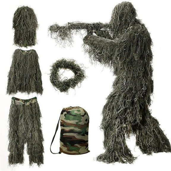 Gosuguu 5 in 1 Ghillie Suit with Jacket Pants Hood and Carry Bag 3D Camouflage Hunting Apparel for Outdoor Activities