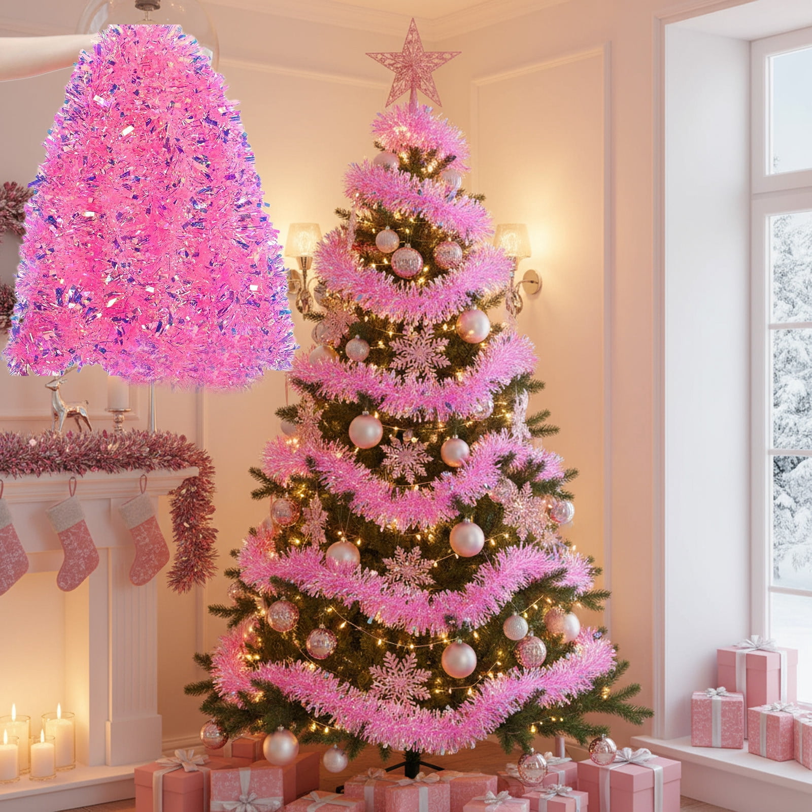 AURORAVA 20ft Tinsel Garland - 3 Inch Wide Reflective Polar Light Film For Christmas, Parties, Weddings & Home Decor (Pink)