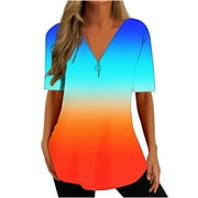 Gosuguu Going out Tops for Women, Women's Short Sleeve V Neck Zipper Top Summer Casual Dressy Loose Fitting T Shirts Blouse Gradient Print Funny Fashion Blouses