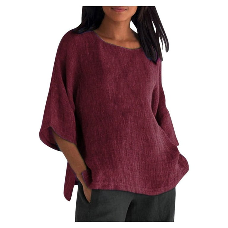 Linen Shirts for Women, Oversized Crew Neck 3/4 Sleeve Shirts for