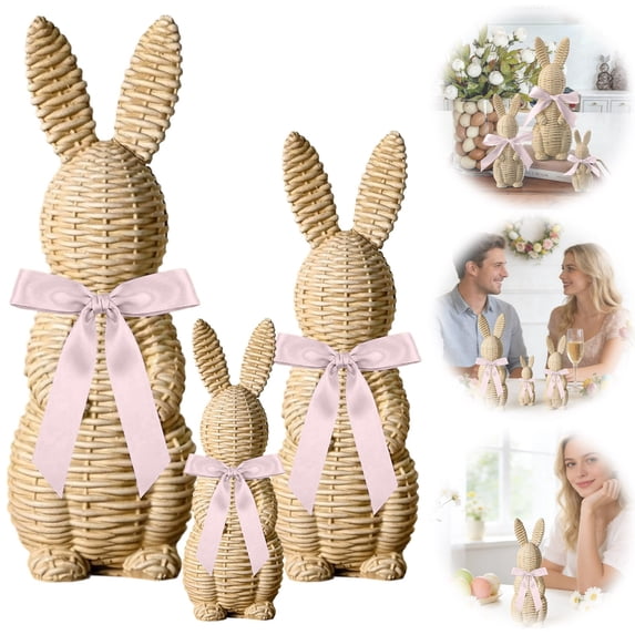 Gosuguu Rattan Effect Resin Easter Bunny Statue Set with Bows for Spring Home and Garden Decor