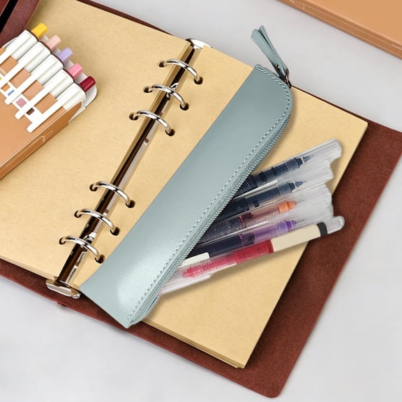 Gosuguu Slim Zippered Faux Leather Pen Pouch for Daily Use Office Mint Green