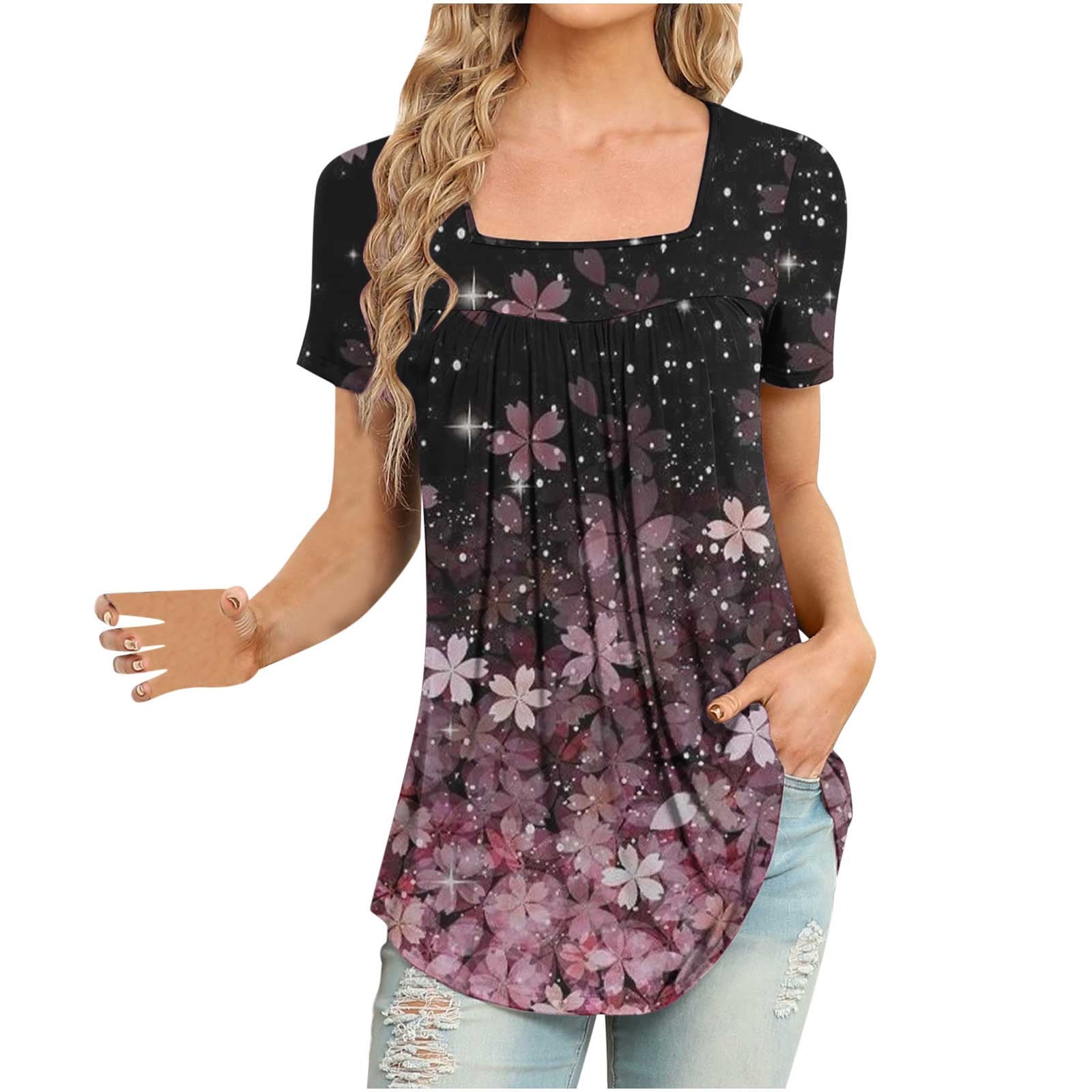 Tunic Tops for Women, 2023 Summer Casual Dressy Short Sleeve T Shirts  Floral Cute Tees Tshirt Trendy Blouses to Wear with Leggings Todays Daily  Deals Of The Day Prime Today Only 