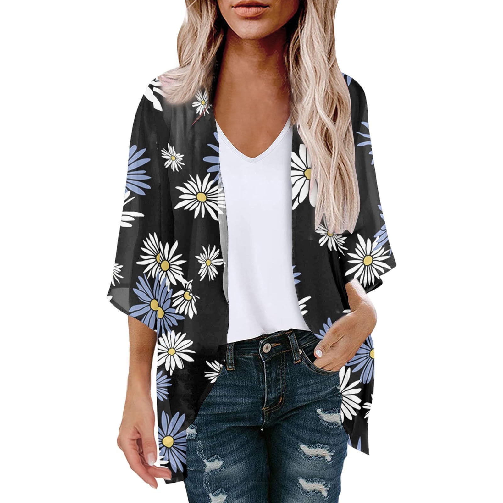 Women's Floral Kimono Cardigan - Chiffon Boho Open Front Cover Up For Beach & Casual Wear - View #4