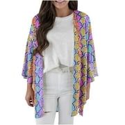 ONLYLIUA Gosuguu Summer Clearance Cardigan Long Kimonos for Women, Womens 2024 Sheer Cardigans 3/4 Sleeve Chiffon Kimonos Print Kimono Tassel Casual Cardigan Loose Cover Up