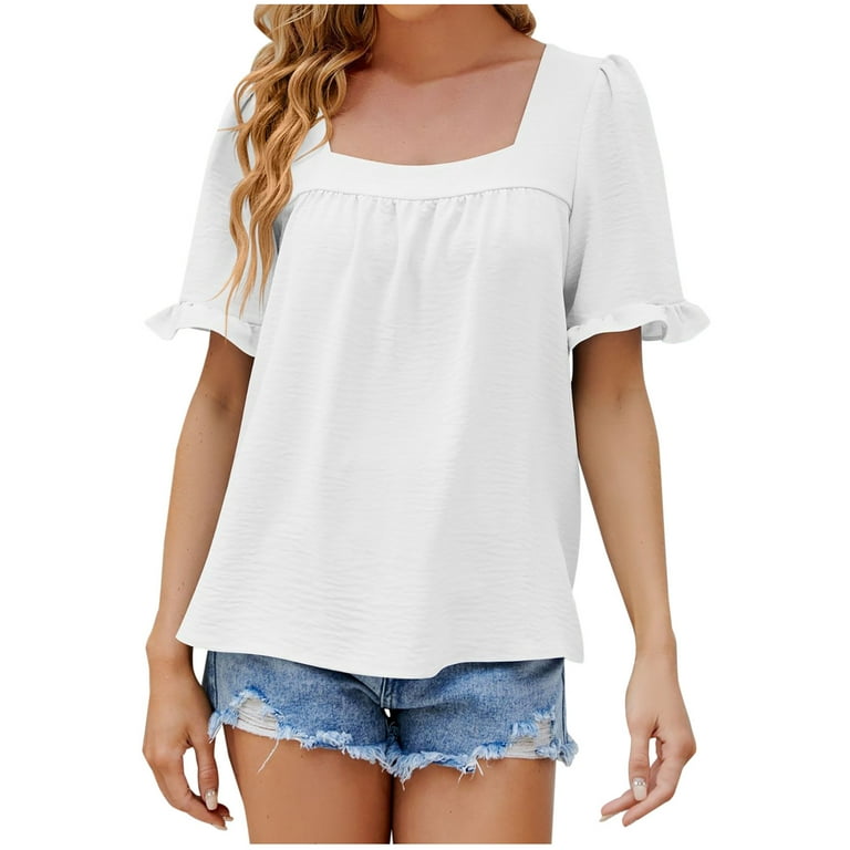 Gosuguu Square Neck Tops for Women, Womens Tops Dressy Casual 2023 Womens Tops Casual Short Sleeve Tshirts Loose Casual Blouse Summer Tee Blouse