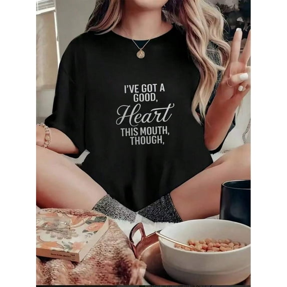 I've Got A Good Heart This Mouth Though T-Shirt - Funny Sarcastic Quote Tee, Casual Crew Neck Cotton T-Shirt, Super Soft, Summer Breathable Tee - Perfect Gift For Friend, Family, Or Yourself