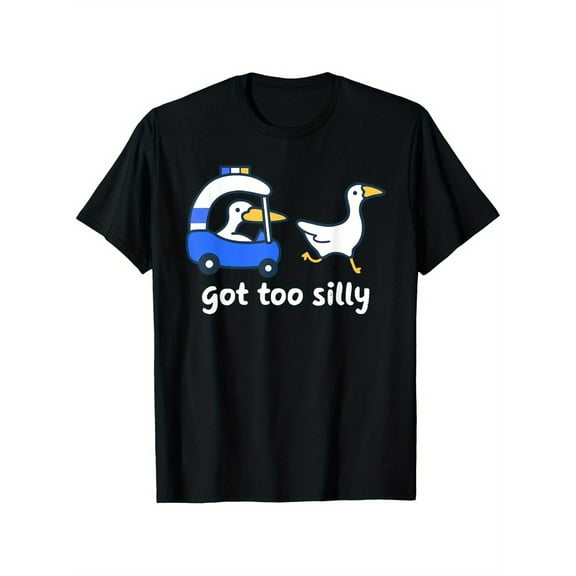 Got Too Silly Funny Goose Police T-Shirt for Animal Lovers - Unisex Cotton Casual Round Neck Tee, Black with White & Blue Print, Slight Stretch, 100% Cotton, S-XXXL