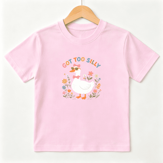 Got Too Silly White Goose Girls Graphic Tee, Cute Spring Floral 100% Cotton Kids Short Sleeve T-Shirt