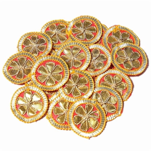 Gota Patti Embroidery Patches for Clothes, Applique Patches for Embroidery Work, Gota Flowers for Decoration, Crafts & Flowers for Dress Designing (20 Pieces, Gold & Red, 3.2 CM)