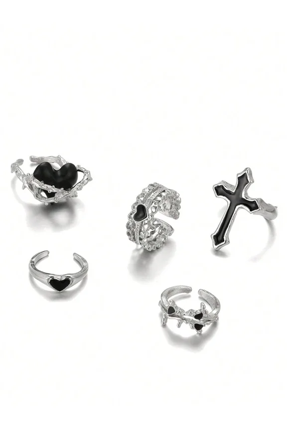 Goth 5pcs Funky Zinc Alloy Cross & Heart Decor Ring Set For Women Daily Decoration Valentines