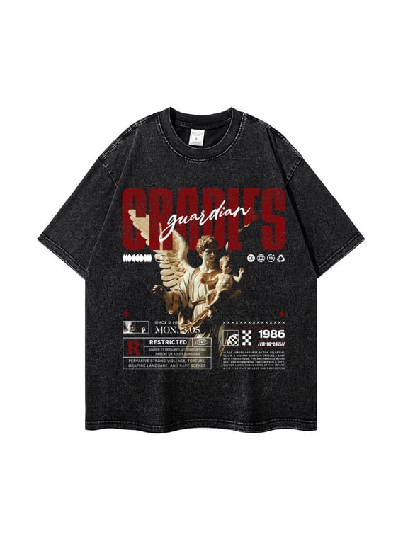 Goth Angel T-Shirt Gothic Washed Shirts Men Alt Grunge Emo Aesthetic Shirt Y2K Oversize T-Shirts Unisex