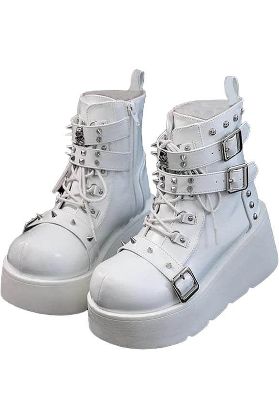 Goth Ankle Booties for Women's Motorcycle Platform Boot Chunky High Heel Lace Up Zipper Combat Boots Punk Rivet Boots Outdoor Shoes
