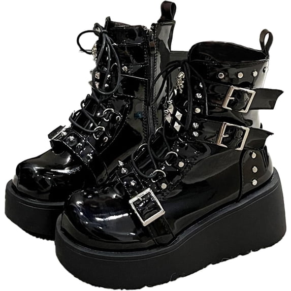 Goth Ankle Booties for Women's Motorcycle Platform Boot Chunky High Heel Lace Up Zipper Combat Boots Punk Rivet Boots Outdoor Shoes
