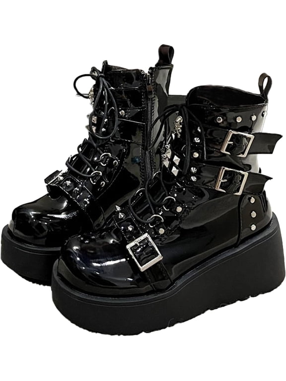 Goth Ankle Booties for Women's Motorcycle Platform Boot Chunky High Heel Lace Up Zipper Combat Boots Punk Rivet Boots Outdoor Shoes