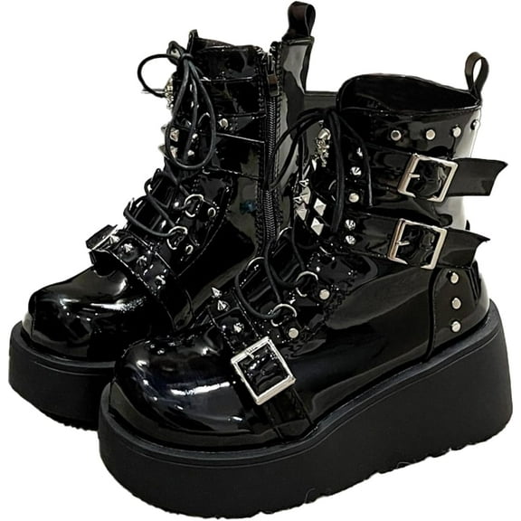 Goth Ankle Booties for Women's Motorcycle Platform Boot Chunky High Heel Lace Up Zipper Combat Boots Punk Rivet Boots Outdoor Shoes