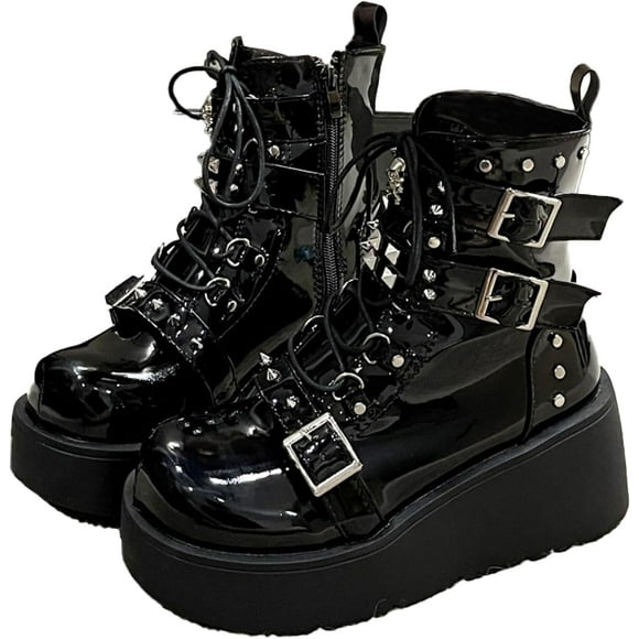 Goth Ankle Booties for Women's Motorcycle Platform Boot Chunky High Heel Lace Up Zipper Combat Boots Punk Rivet Boots Outdoor Shoes