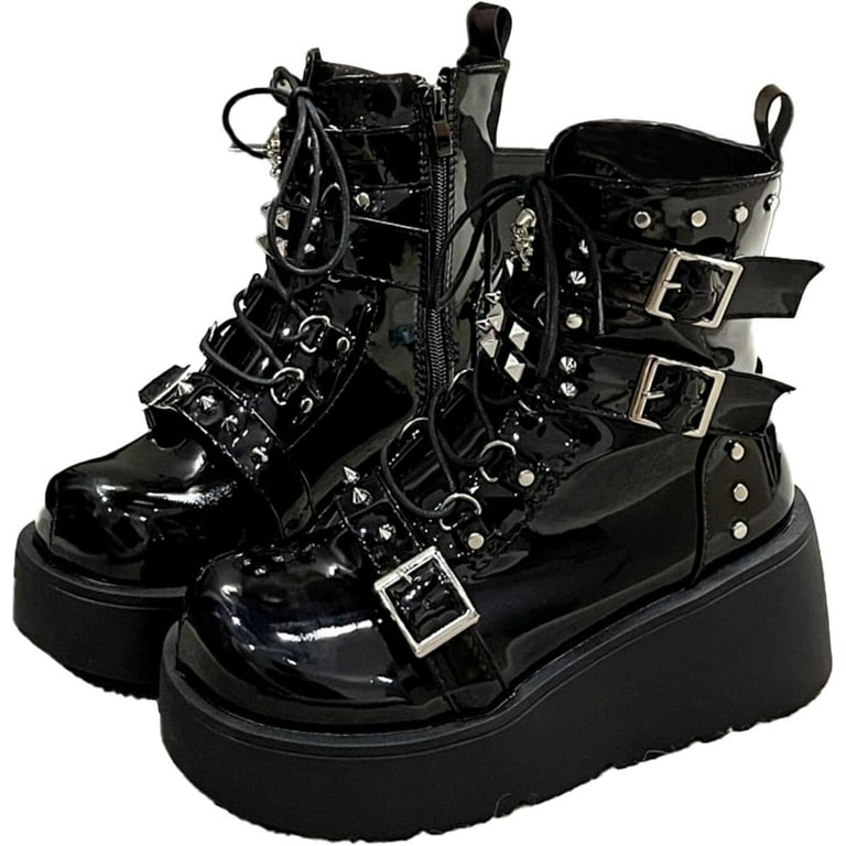 Goth Ankle Booties for Women's Motorcycle Platform Boot Chunky
